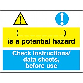(_ _ _ _ _) Is A Potential Hazard, Check Instructions/ Data Sheets, Before Use &pound;5 - Signs