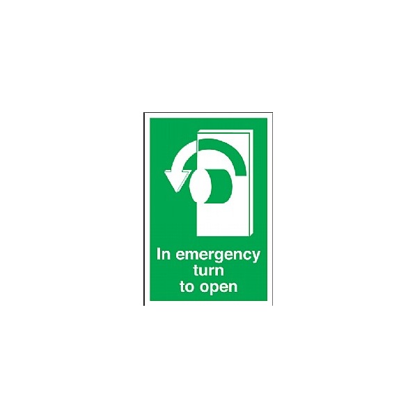 In Emergency Turn To Open (Left) Sign