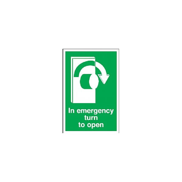 In Emergency Turn To Open (Right) Sign